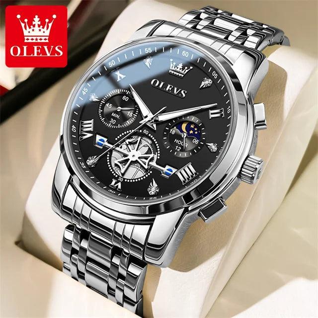OLEVS Stainless Steel Men's Watches Chronograph Moon Phase Waterproof Luminous Quartz Wrist Watch for Men Luxury Brand Man Watch Carauana Store