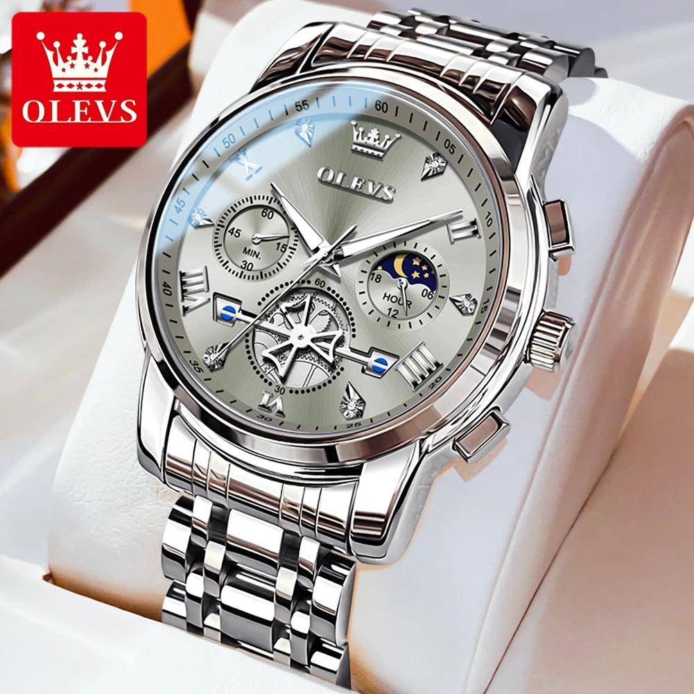 OLEVS Stainless Steel Men's Watches Chronograph Moon Phase Waterproof Luminous Quartz Wrist Watch for Men Luxury Brand Man Watch Carauana Store