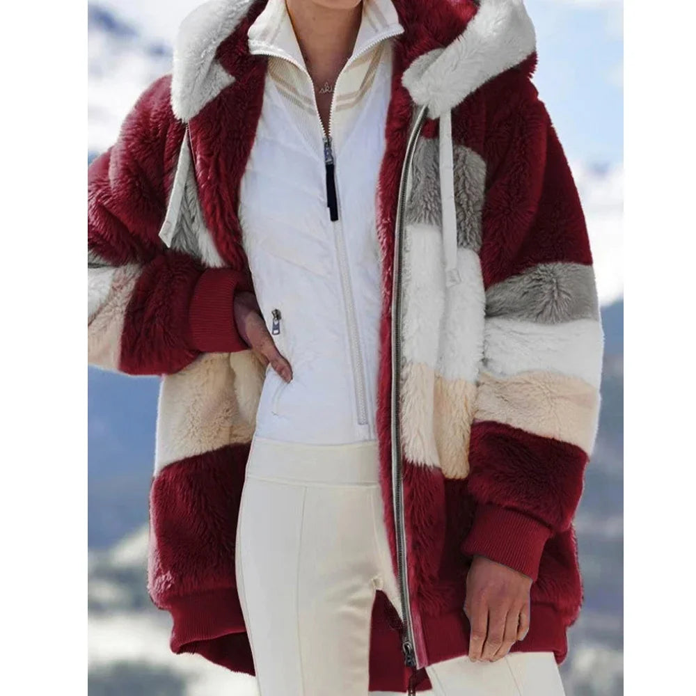 Hooded Patchwork Plaid Winter Cashmere Jacket for Women CaRaUaNa Fashion