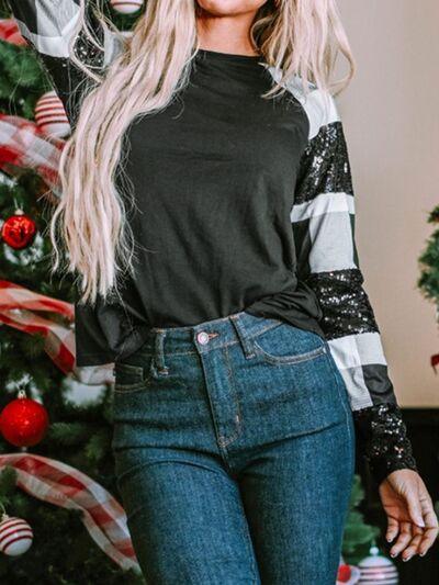 Plaid Sequin Long Sleeve Round Neck Sweatshirt Carauana Store