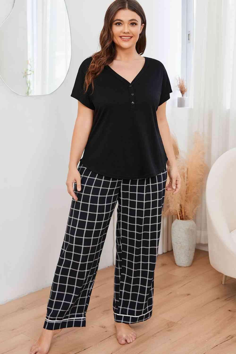 Plus Size V-Neck Top and Plaid Pants Lounge Set Carauana Store