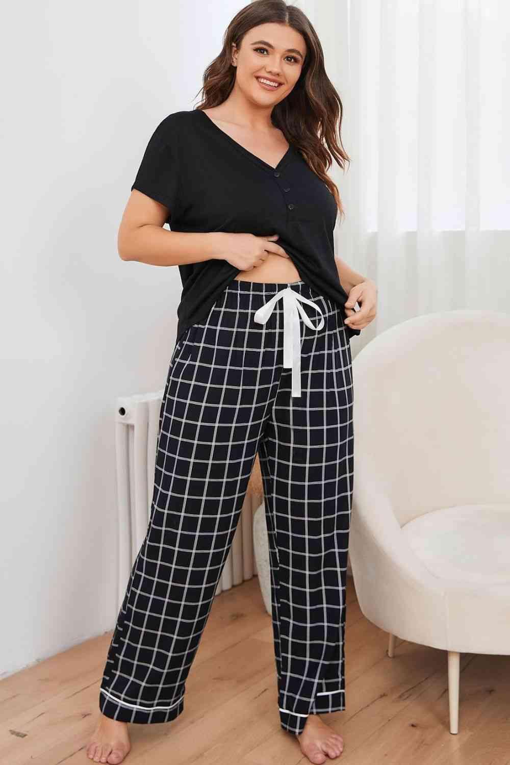 Plus Size V-Neck Top and Plaid Pants Lounge Set Carauana Store