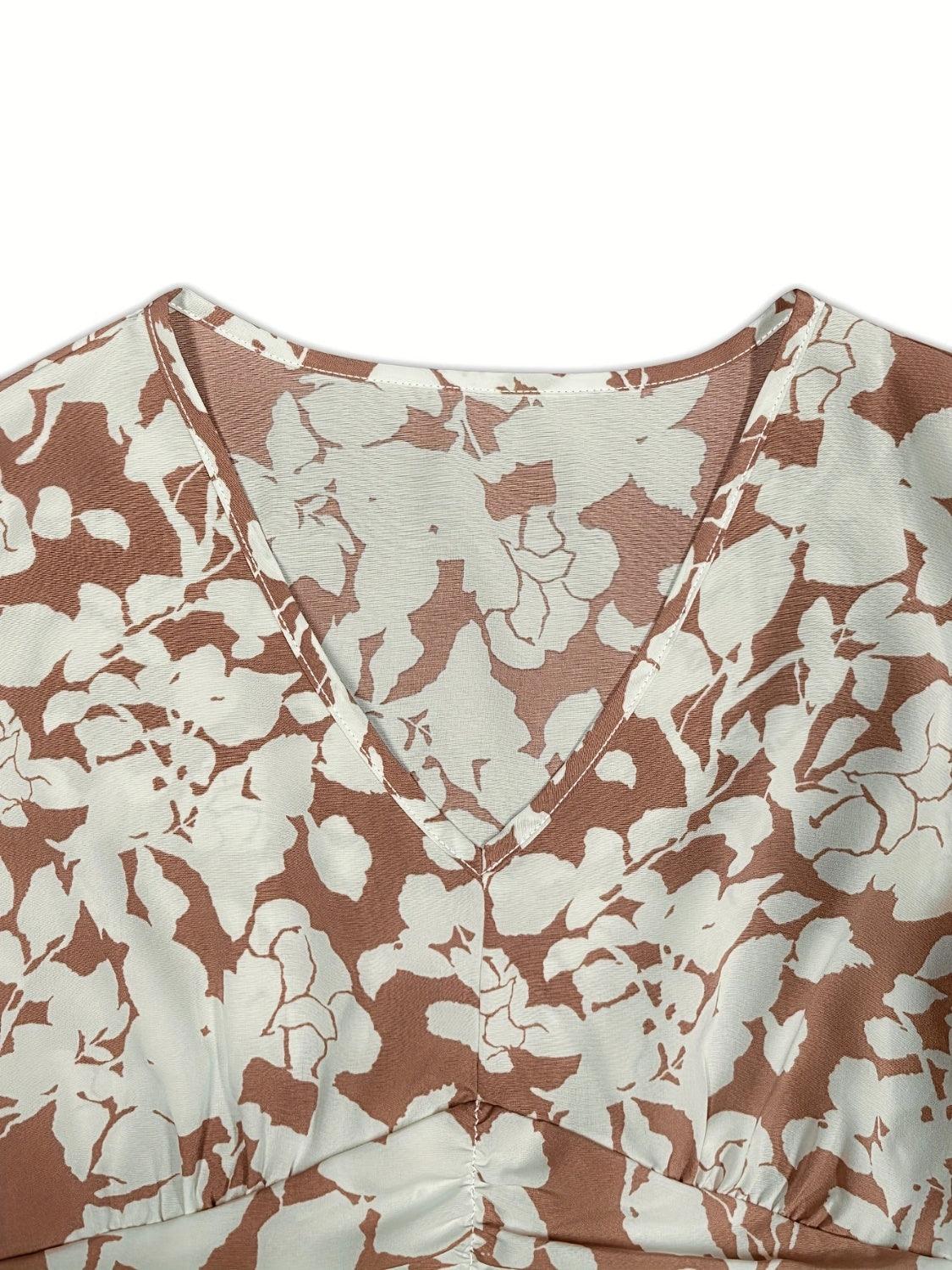 Printed V-Neck Cap Sleeve Midi Dress Carauana Store