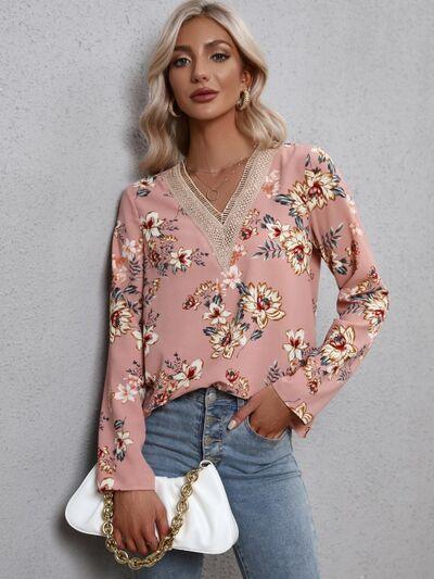 Printed V-Neck Long Sleeve Blouse Carauana Store