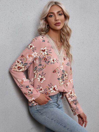 Printed V-Neck Long Sleeve Blouse Carauana Store