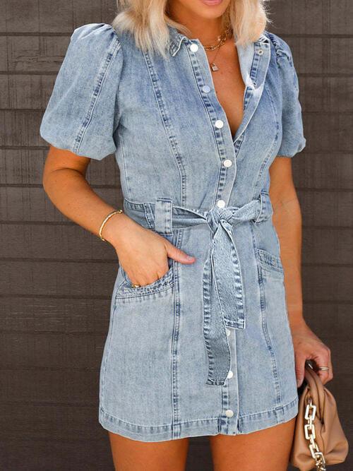 Puff Sleeve Button Up Mini Denim Dress Carauana Store