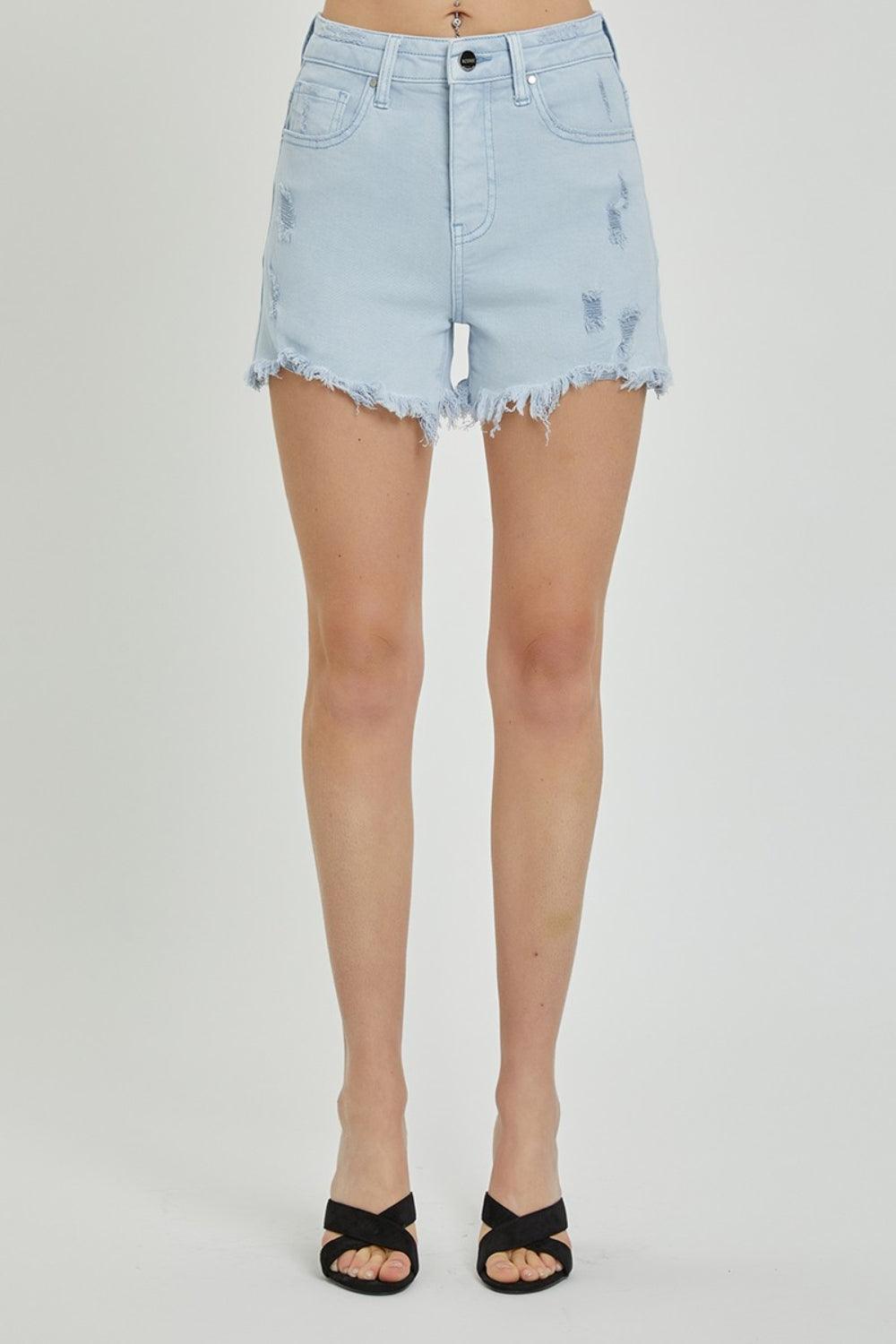 RISEN Full Size High Rise Distressed Detail Denim Shorts Carauana Store