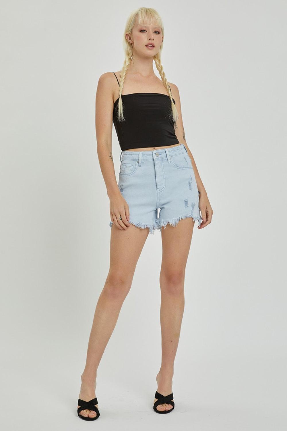 RISEN Full Size High Rise Distressed Detail Denim Shorts Carauana Store