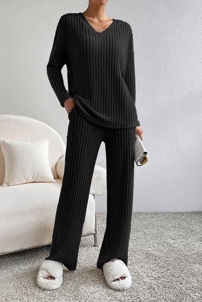 Ribbed V-Neck Top and Pants Lounge Set Carauana Store