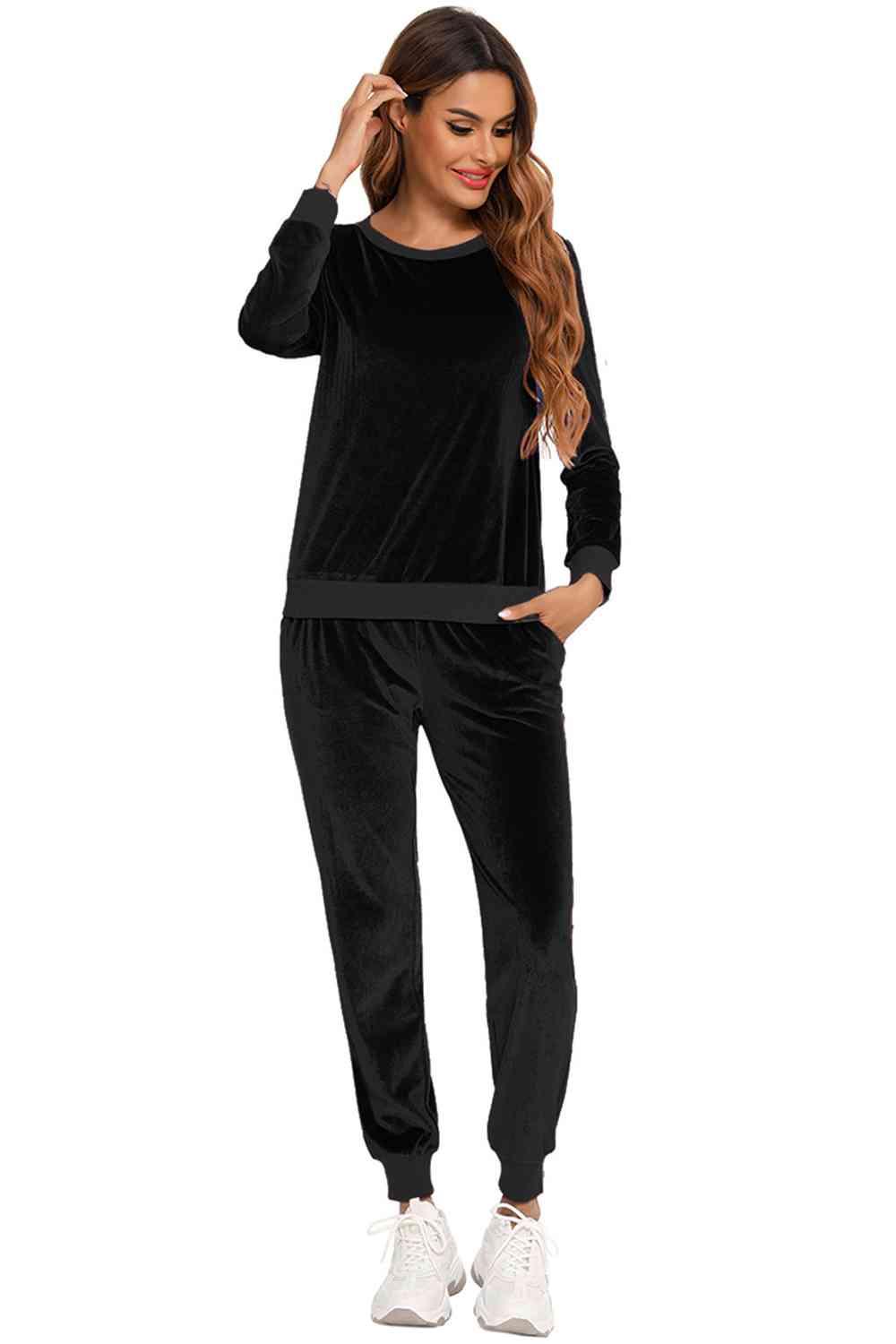 Round Neck Long Sleeve Loungewear Set with Pockets Carauana Store