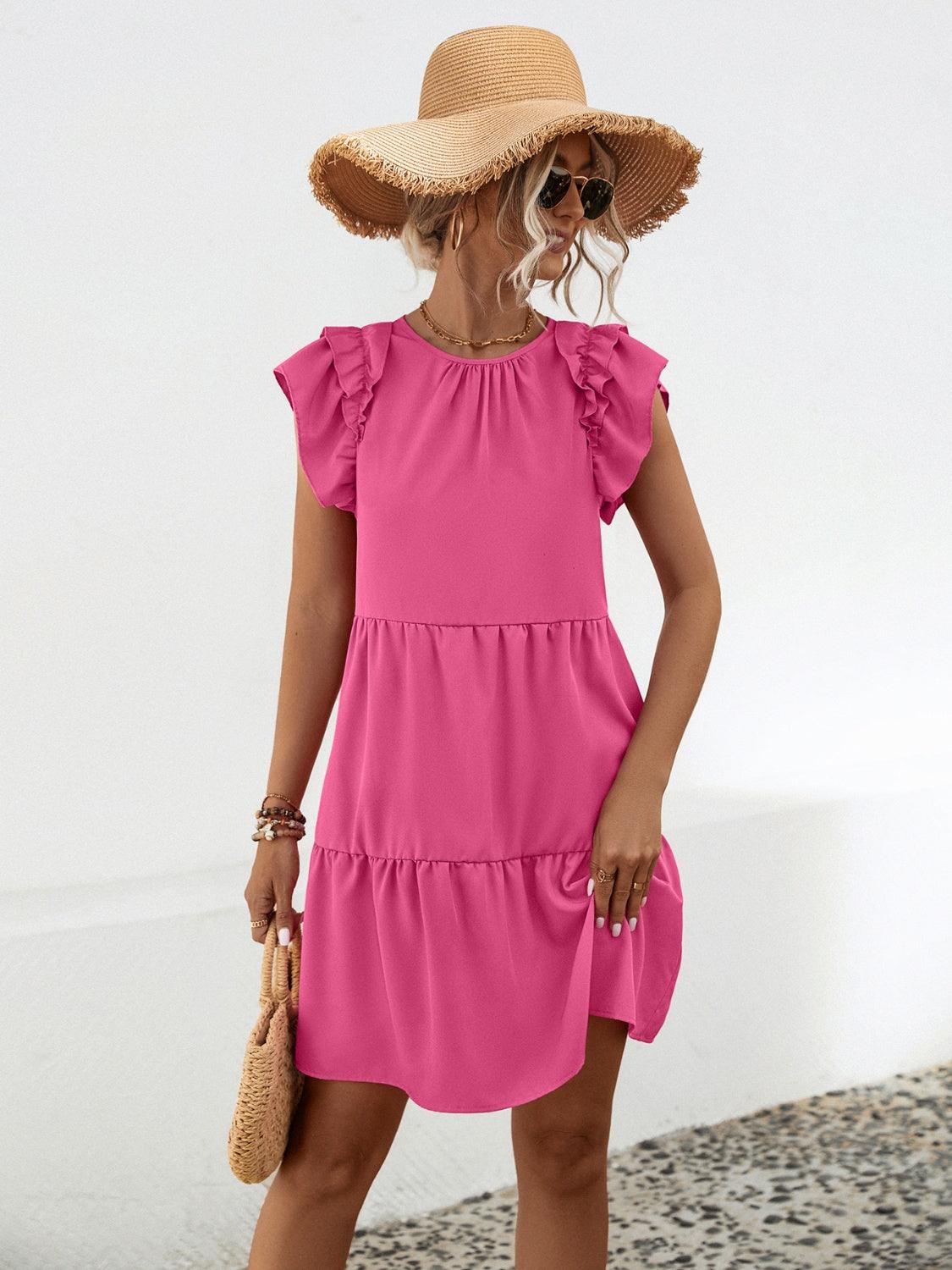 Ruffled Round Neck Cap Sleeve Mini Dress Carauana Store