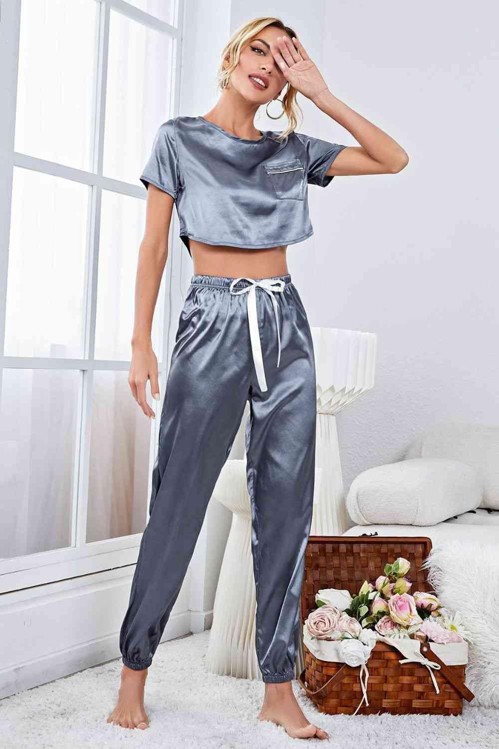 Satin Short Sleeve Crop Top and Joggers Lounge Set Carauana Store