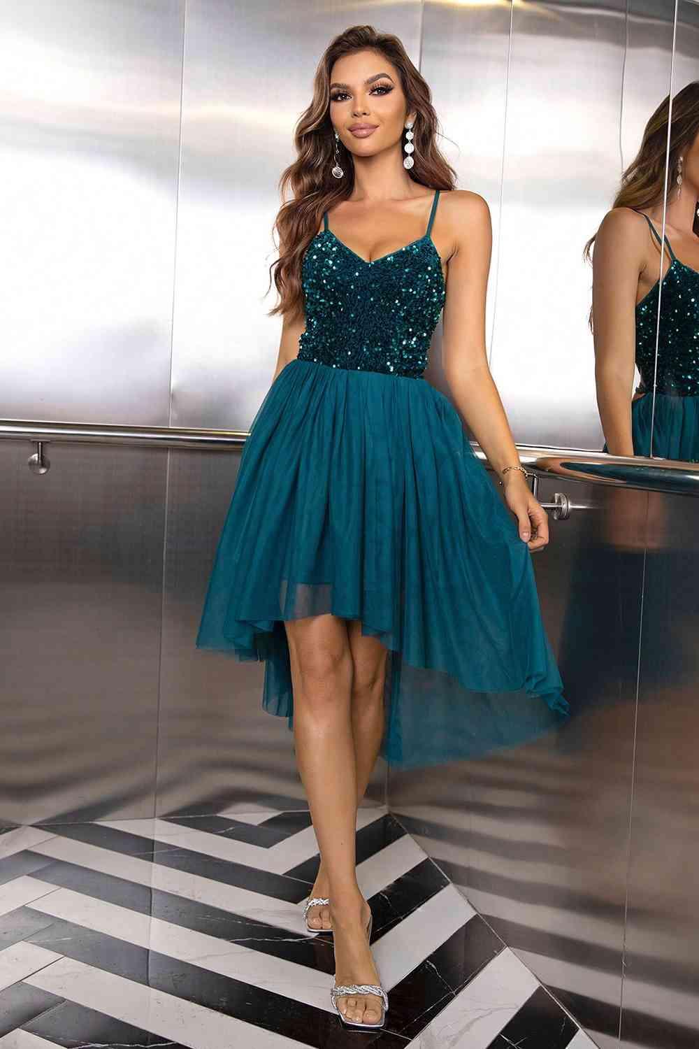 Sequin Spaghetti Strap High-Low Dress Carauana Store