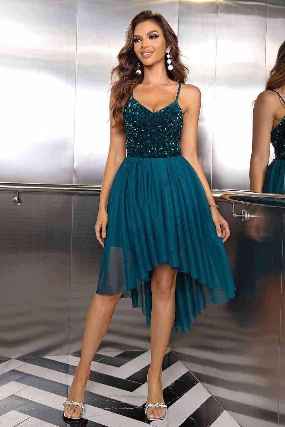 Sequin Spaghetti Strap High-Low Dress Carauana Store