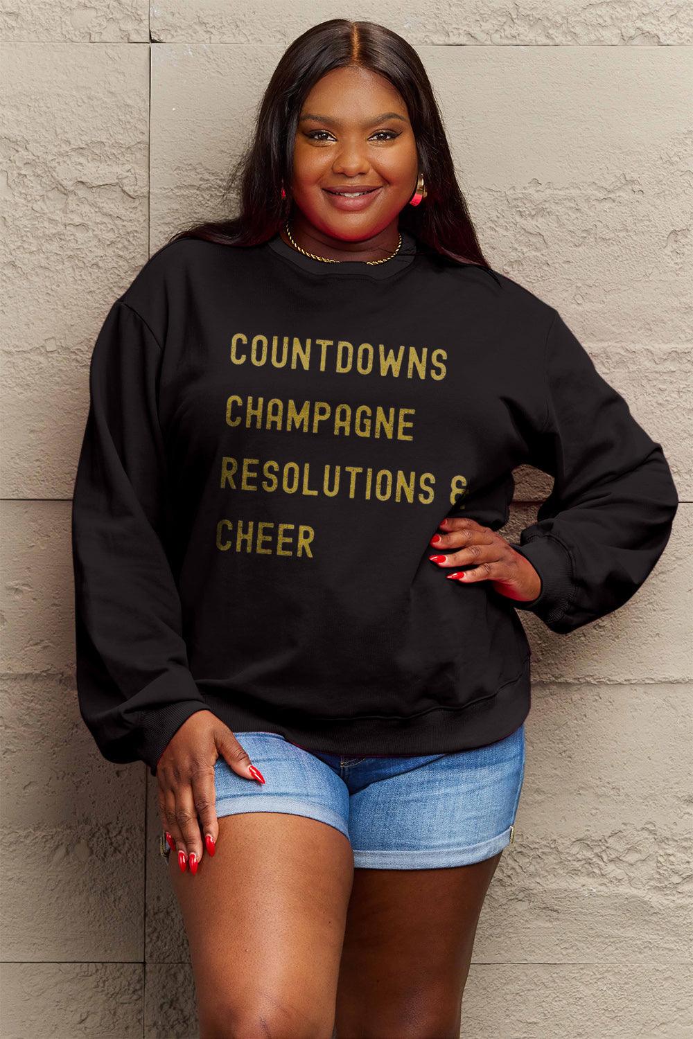 Simply Love Full Size COUNTDOWNS CHAMPAGNE RESOLUTIONS & CHEER Round Neck Sweatshirt Carauana Store