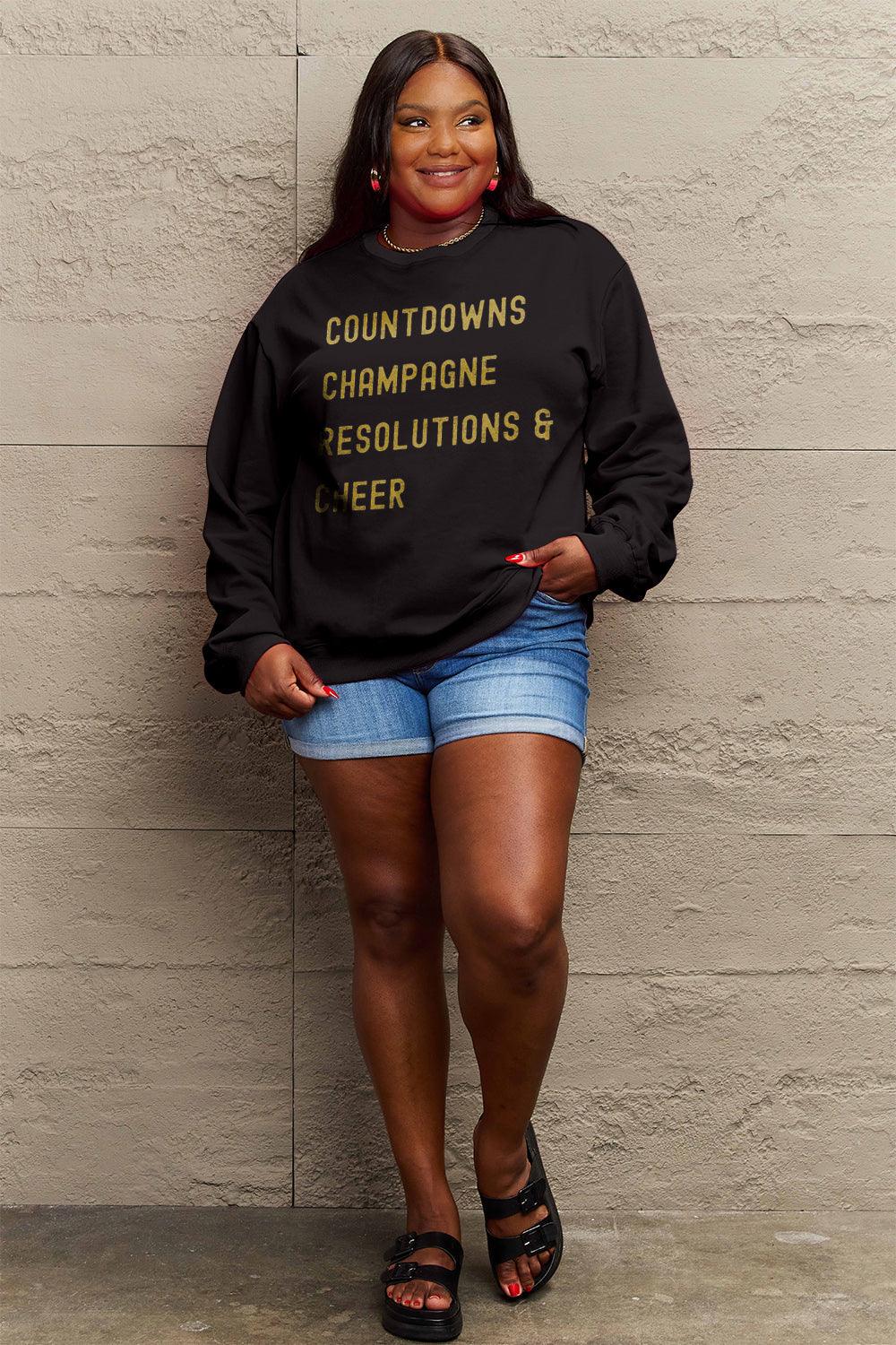 Simply Love Full Size COUNTDOWNS CHAMPAGNE RESOLUTIONS & CHEER Round Neck Sweatshirt Carauana Store