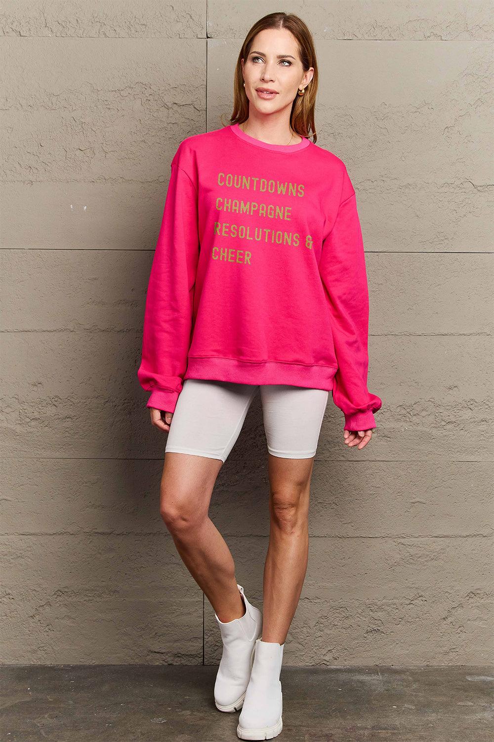 Simply Love Full Size COUNTDOWNS CHAMPAGNE RESOLUTIONS & CHEER Round Neck Sweatshirt Carauana Store