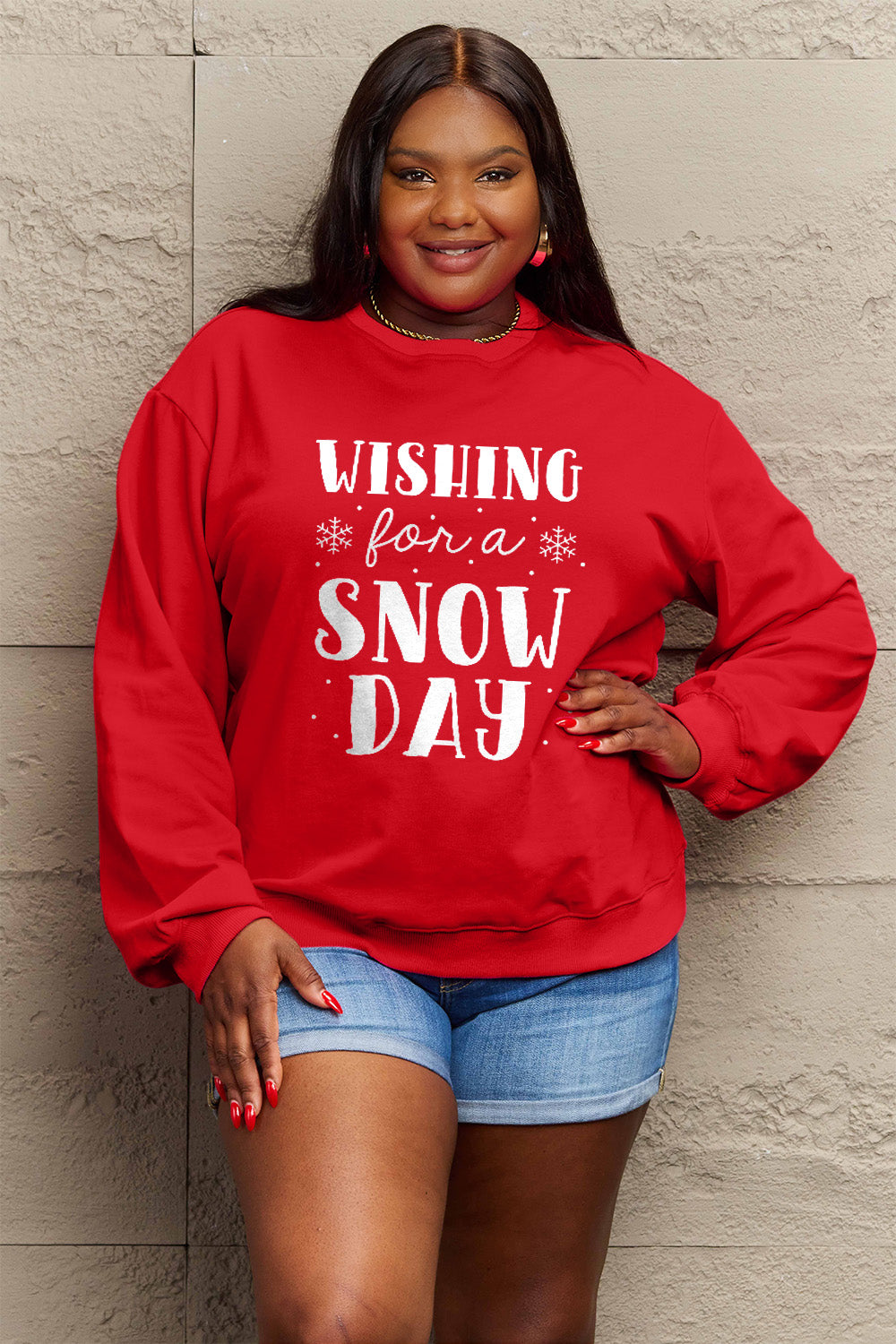 Simply Love Full Size WISHING FOR A SNOW DAY Round Neck Sweatshirt Carauana Store