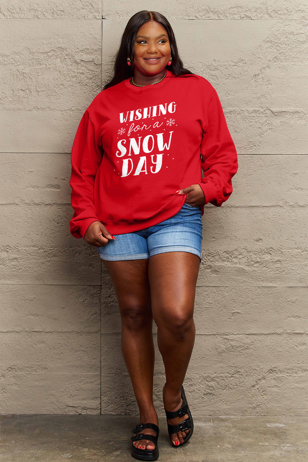 Simply Love Full Size WISHING FOR A SNOW DAY Round Neck Sweatshirt Carauana Store