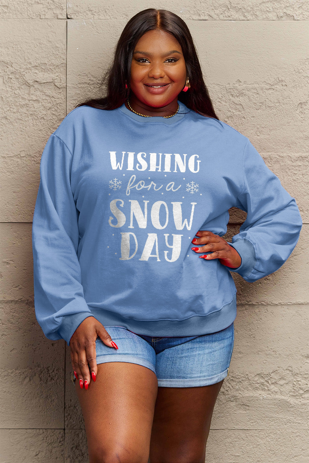 Simply Love Full Size WISHING FOR A SNOW DAY Round Neck Sweatshirt Carauana Store