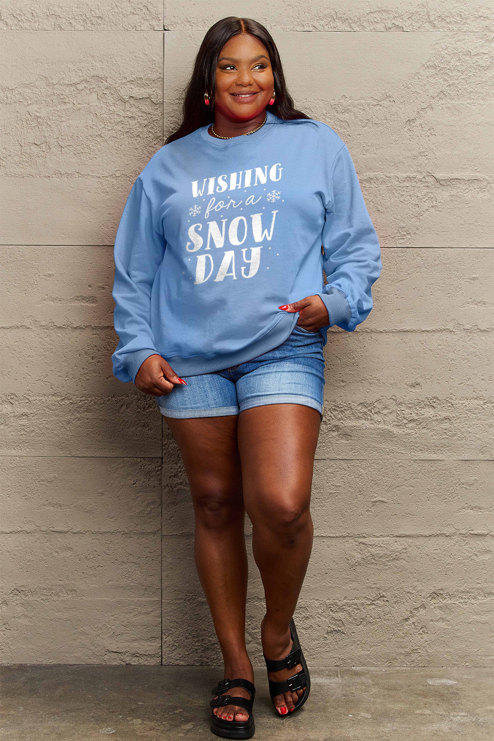 Simply Love Full Size WISHING FOR A SNOW DAY Round Neck Sweatshirt Carauana Store