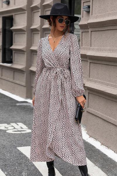 Slit Printed Surplice Balloon Sleeve Dress Carauana Store