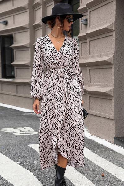 Slit Printed Surplice Balloon Sleeve Dress Carauana Store