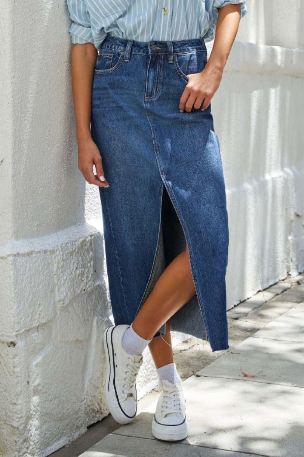 Slit Raw Hem Midi Denim Skirt Carauana Store