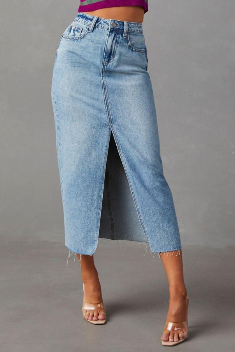 Slit Raw Hem Midi Denim Skirt Carauana Store