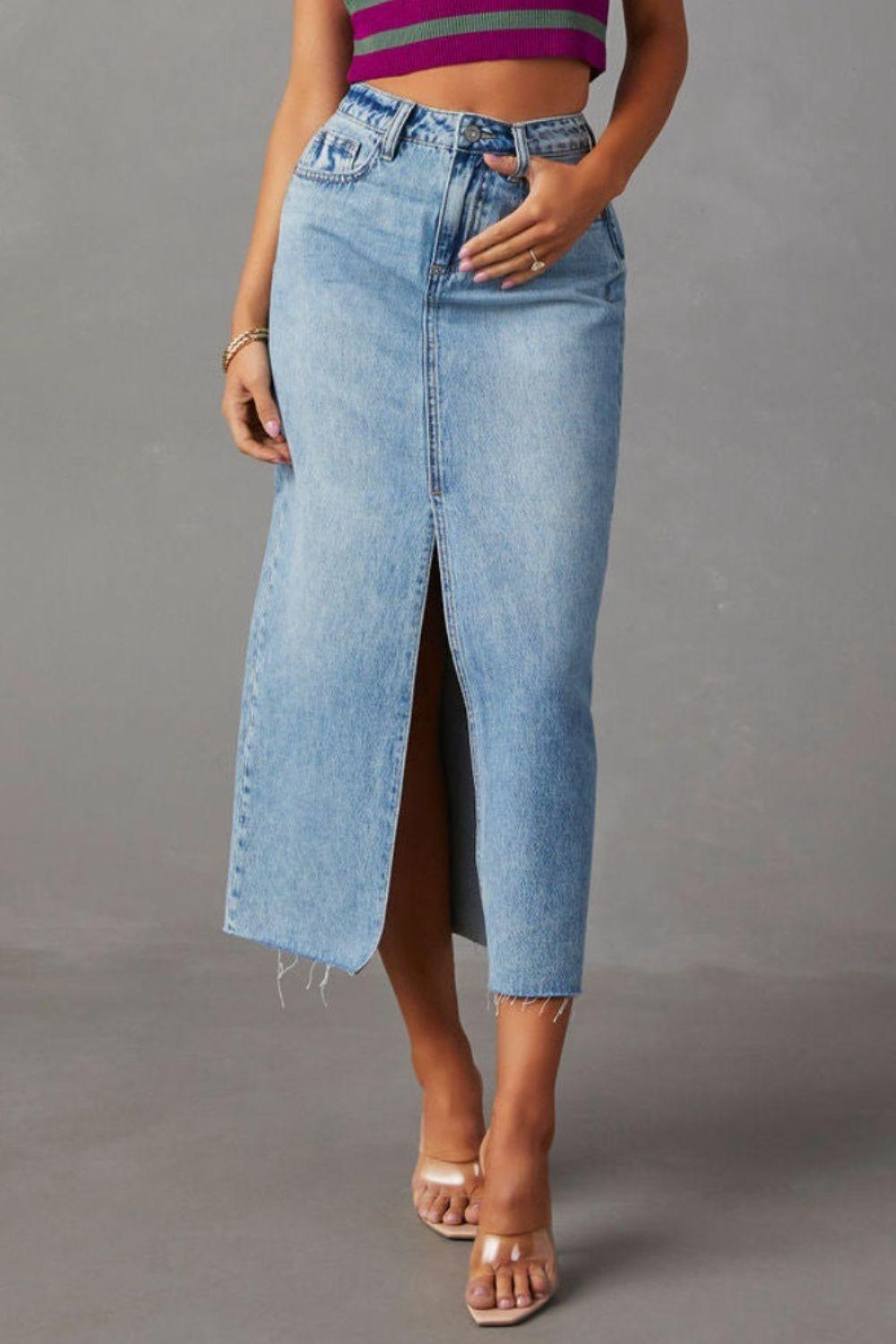 Slit Raw Hem Midi Denim Skirt Carauana Store
