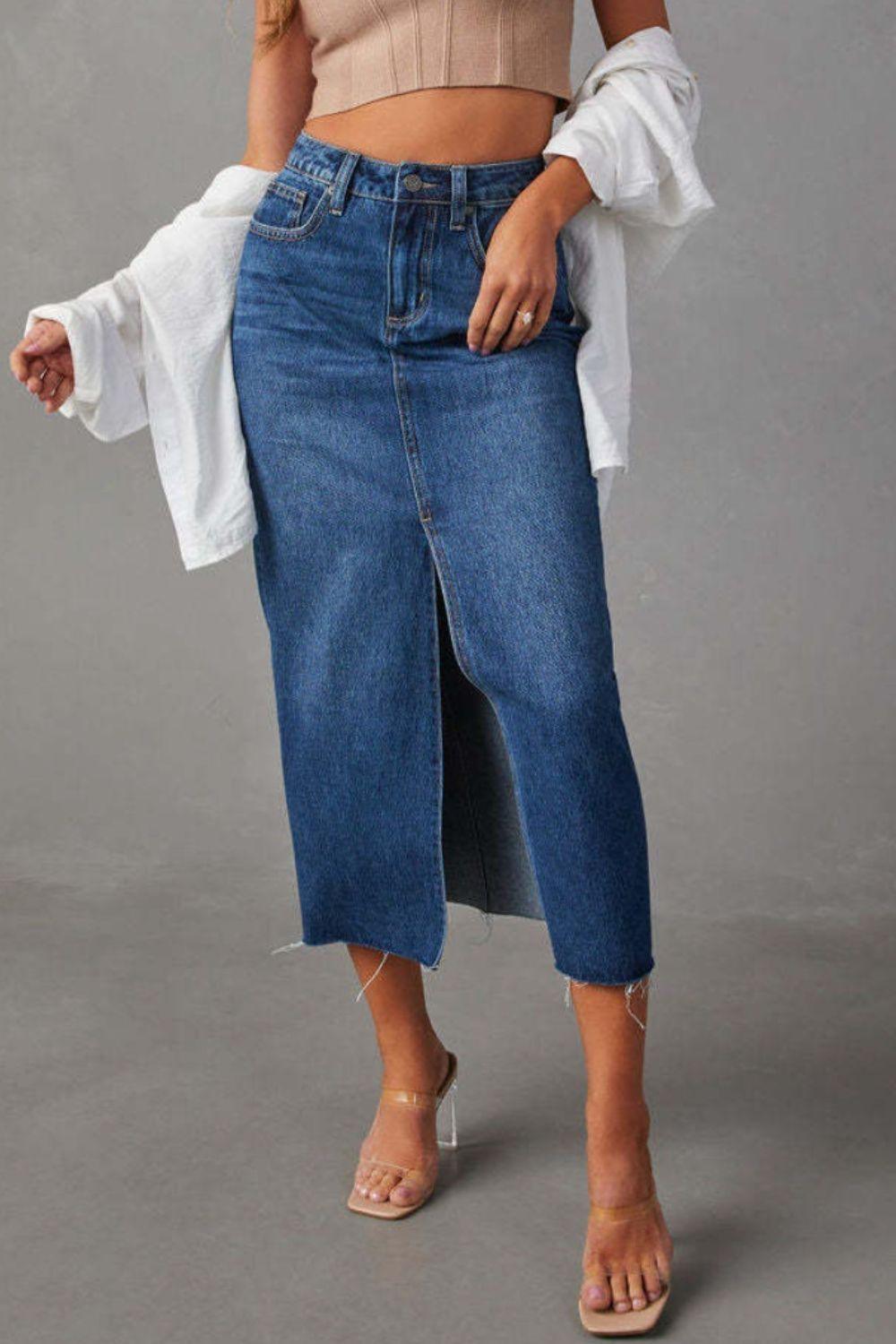 Slit Raw Hem Midi Denim Skirt Carauana Store