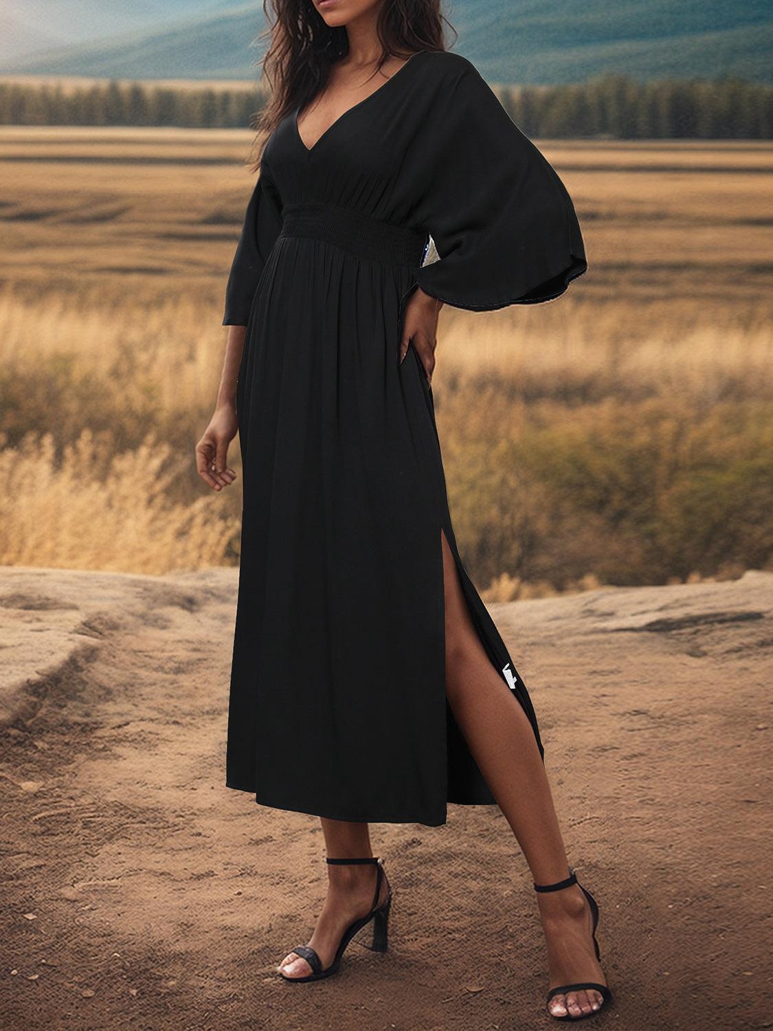 Slit V-Neck Long Sleeve Midi Dress Carauana Store