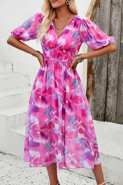 Smocked Printed V-Neck Short Sleeve Dress Carauana Store