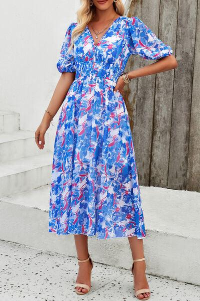 Smocked Printed V-Neck Short Sleeve Dress Carauana Store