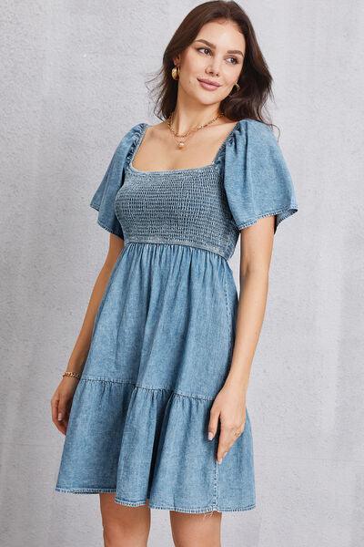 Smocked Square Neck Mini Denim Dress Carauana Store
