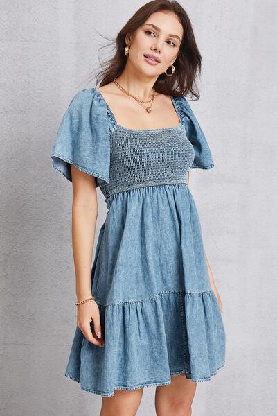 Smocked Square Neck Mini Denim Dress Carauana Store