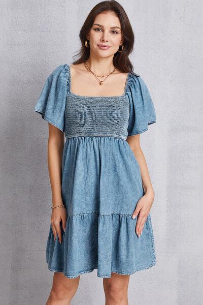 Smocked Square Neck Mini Denim Dress Carauana Store