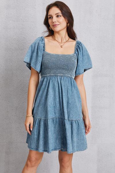 Smocked Square Neck Mini Denim Dress Carauana Store
