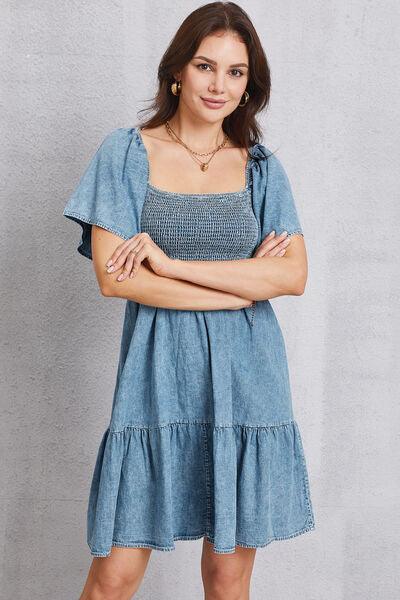 Smocked Square Neck Mini Denim Dress Carauana Store
