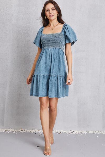 Smocked Square Neck Mini Denim Dress Carauana Store