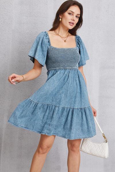 Smocked Square Neck Mini Denim Dress Carauana Store