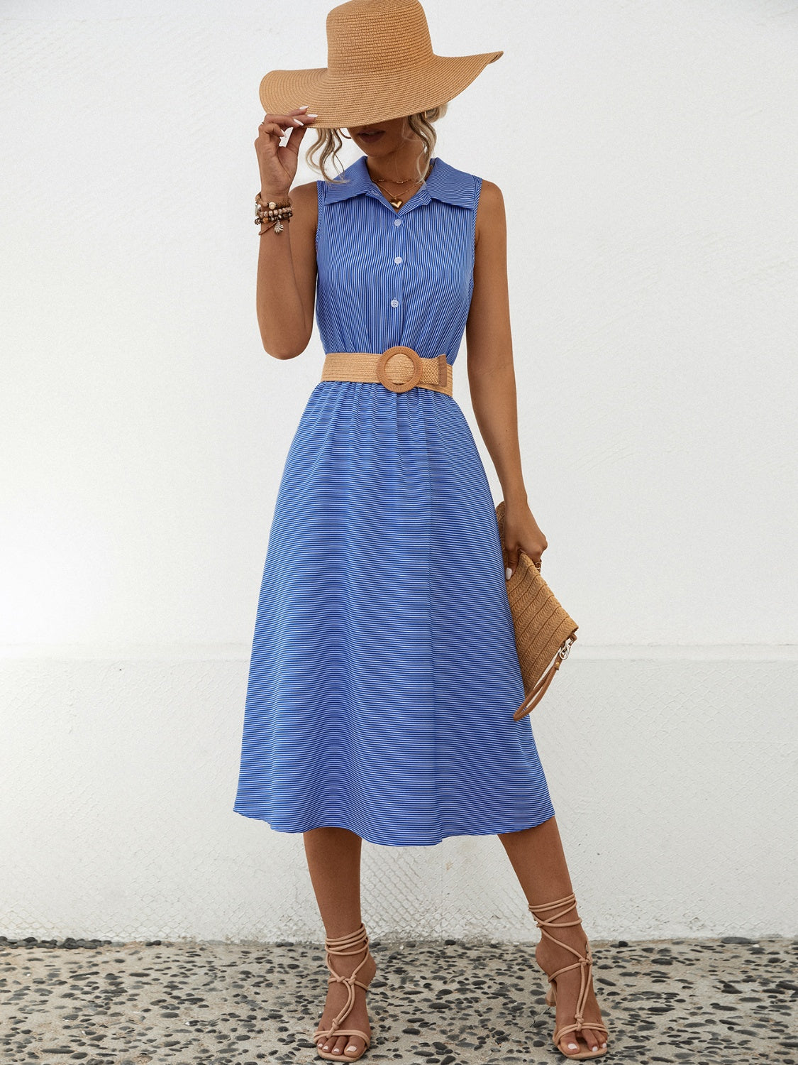 Striped Collared Neck Sleeveless Midi Dress Carauana Store