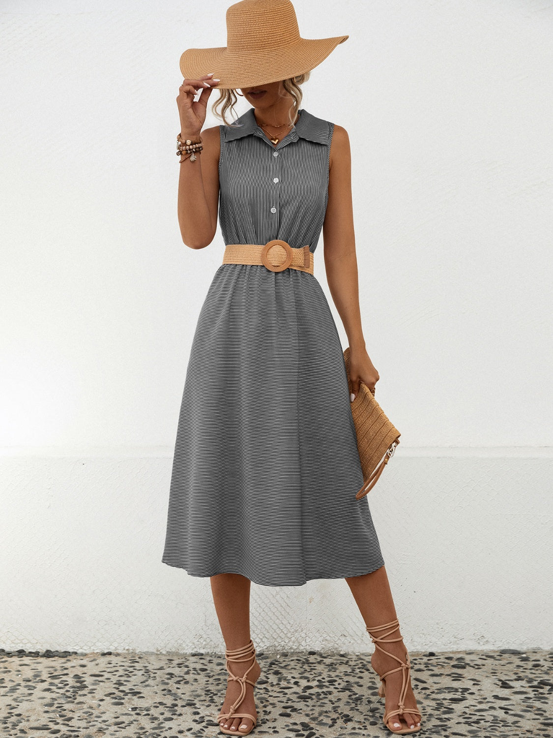 Striped Collared Neck Sleeveless Midi Dress Carauana Store