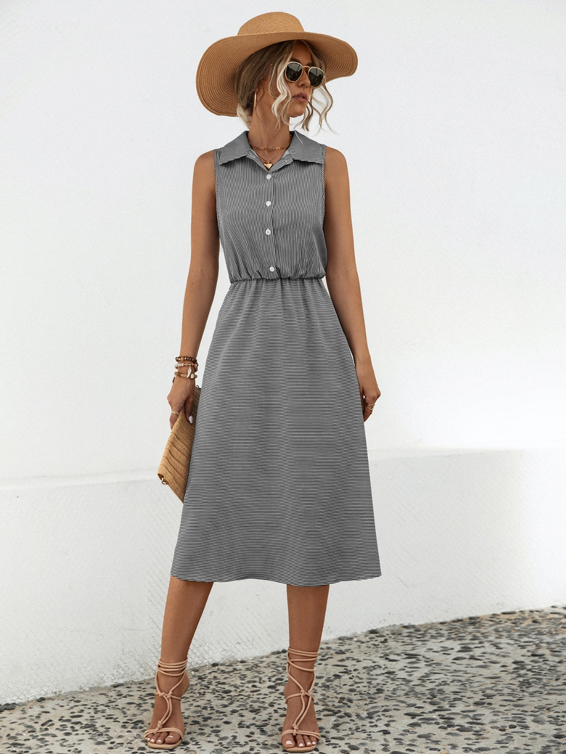 Striped Collared Neck Sleeveless Midi Dress Carauana Store