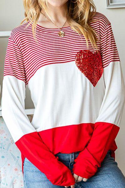 Striped Heart Sequin Long Sleeve T-Shirt Carauana Store