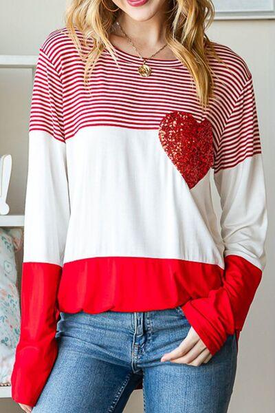 Striped Heart Sequin Long Sleeve T-Shirt Carauana Store