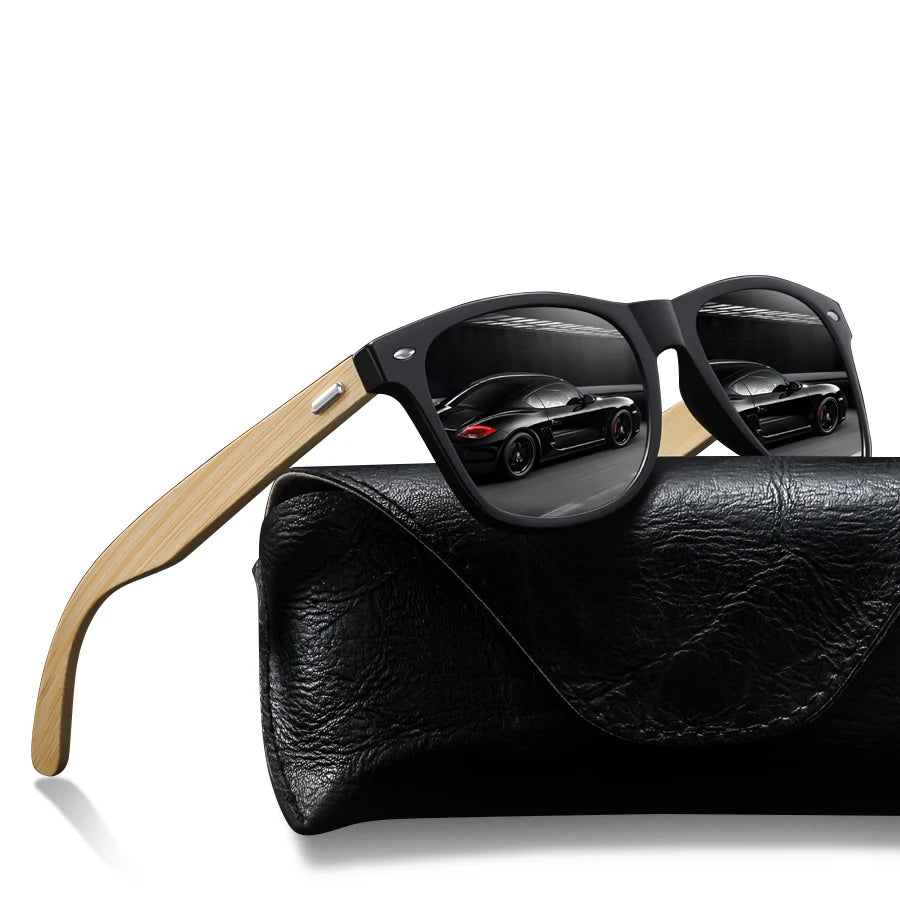 Stylish adult wearing CaRaUaNa Fashion sunglasses with wooden frames, ideal for driving, fishing, or tropical beach vacations