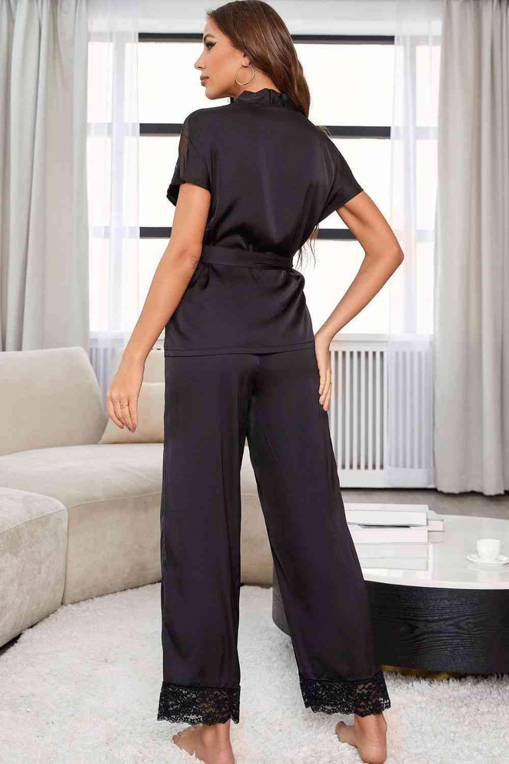 Surplice Neck Tie Waist Top and Pants Pajama Set Carauana Store