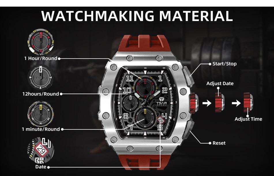 TSAR BOMBA Luxury Tonneau Clock 50M Waterproof Stainless Steel Carauana Store