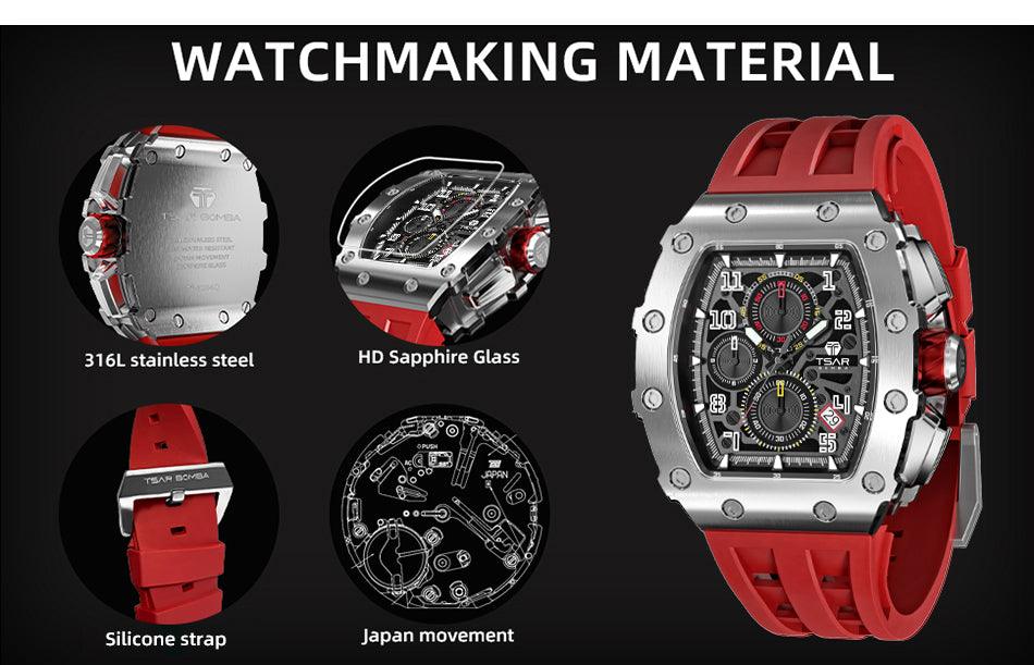 TSAR BOMBA Luxury Tonneau Clock 50M Waterproof Stainless Steel Carauana Store